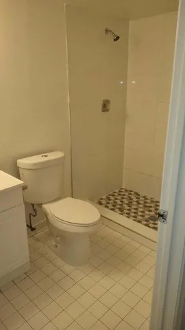 a bathroom with a toilet and a shower