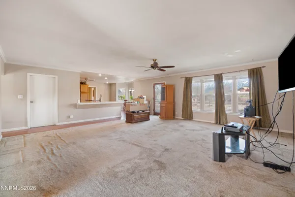a view of a livingroom with a large window