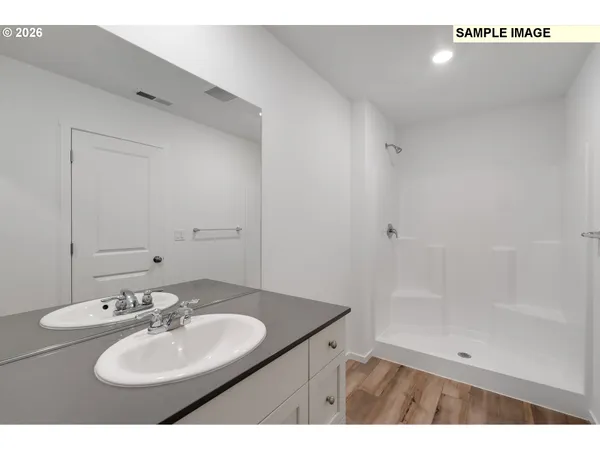 a bathroom with a sink shower and a mirror