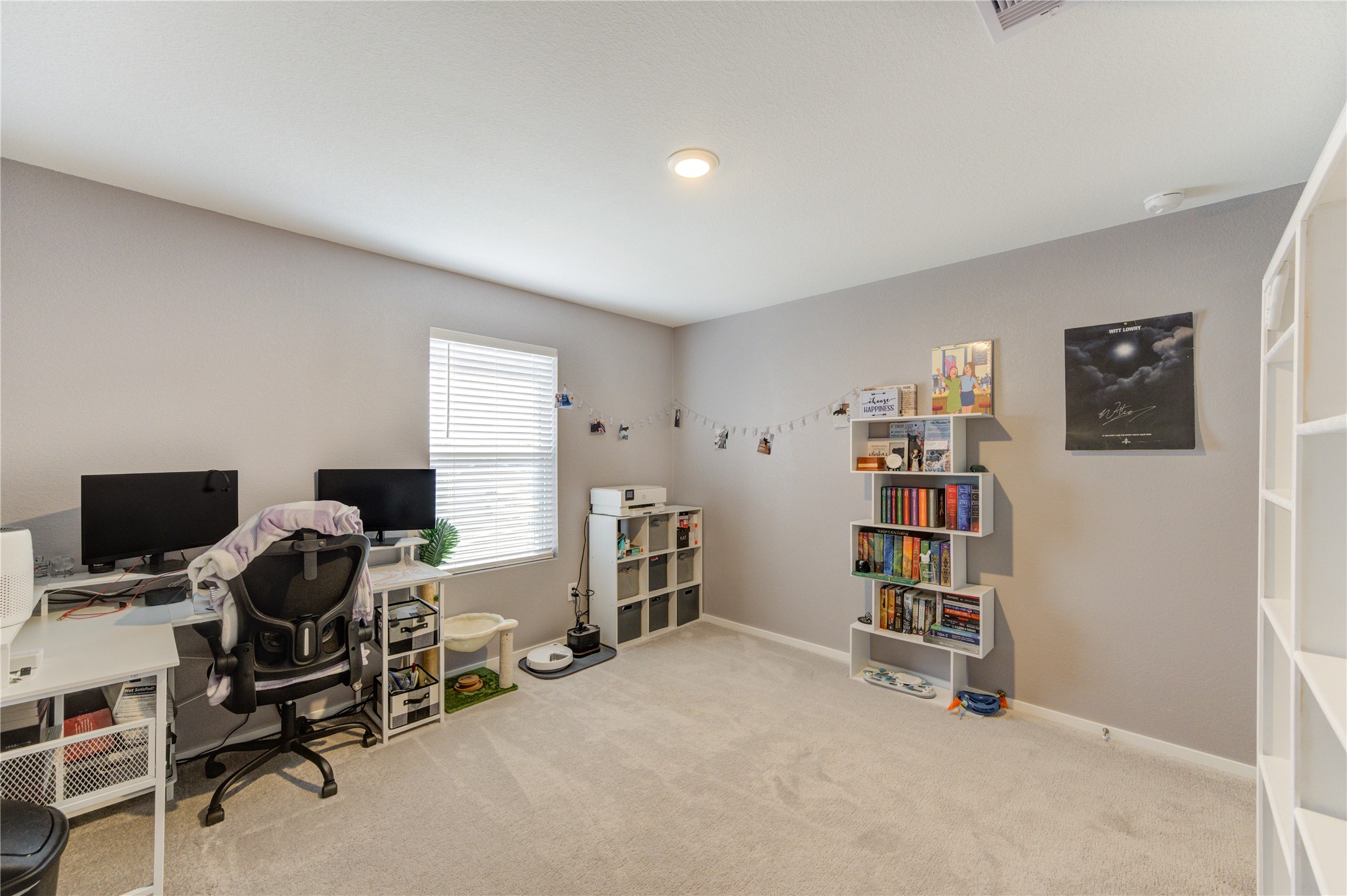 1111 Rustic Willow Drive Beasley, TX 77417 - Photo 24 of 42 This room features a cozy, carpeted space with neutral walls and ample natural light from a window. It's currently set up as a functional home office with a desk, computer, and shelving for books and decor.