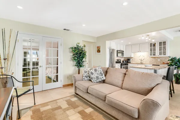 a living room with furniture and a potted plant