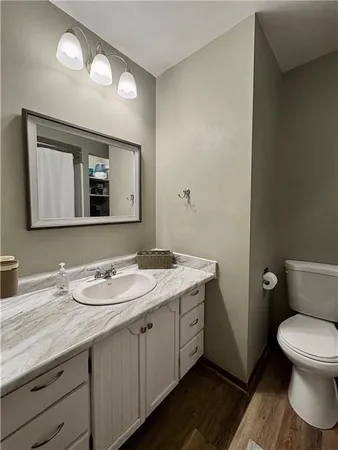 a bathroom with a toilet sink and mirror
