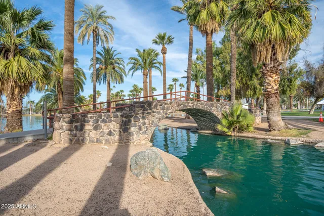 a view of a lake with boats and palm trees