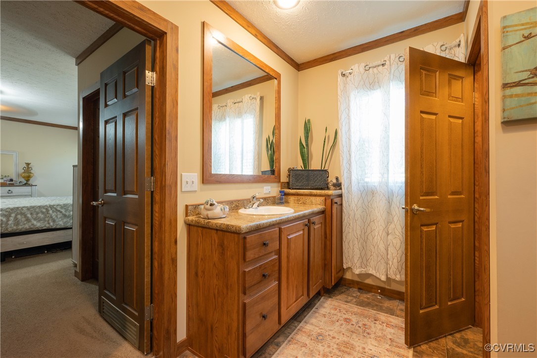 566 Cheaneys Bridge Road Dunnsville, VA 22454 - Photo 36 of 50 Bathroom with vanity, a textured ceiling, and orna
