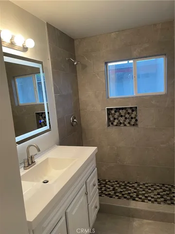 a bathroom with a sink a mirror and a shower