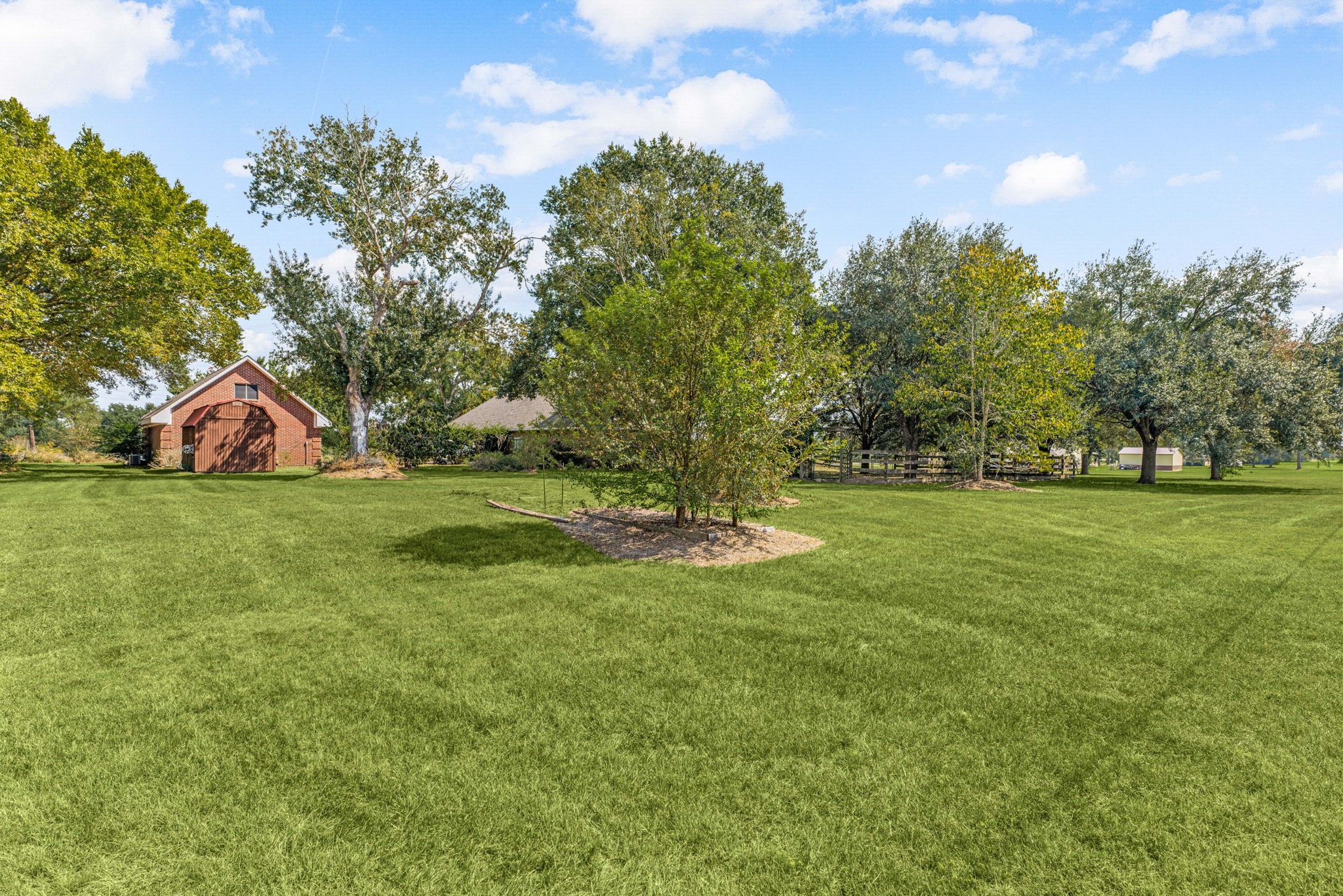 17207 Penick Road Waller, TX 77484 - Photo 5 of 37 Spacious backyard with lush green lawn, mature trees/live oak grove, and a charming red shed(4th structure), perfect for outdoor activities and storage.