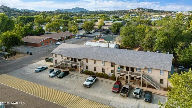 an aerial view of a house with a garden view