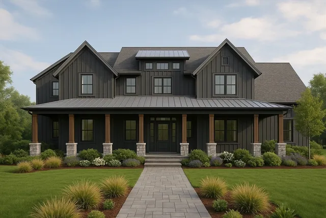 a view of a brick house with a yard plants and large trees