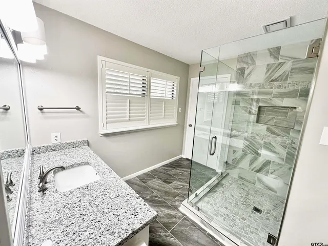 a bathroom with a granite countertop sink and shower