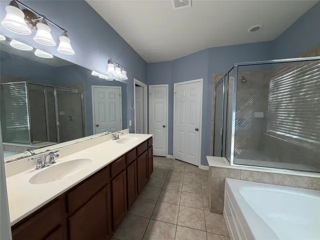 a bathroom with a tub a sink shower and mirror