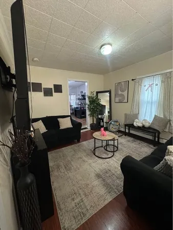 a living room with furniture rug and window