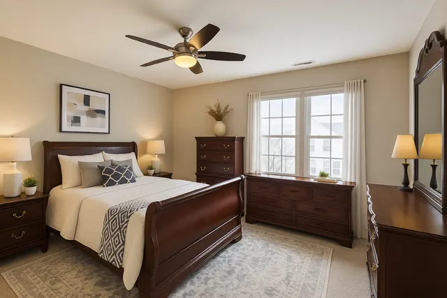 a bedroom with a bed dresser and a window