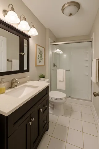 a bathroom with a sink a toilet and mirror