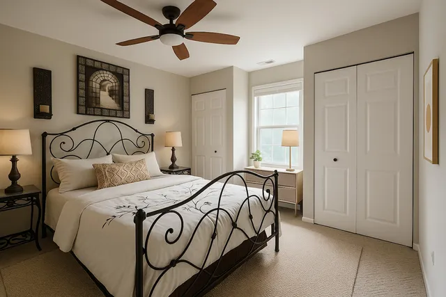 a bedroom with a bed and a chandelier