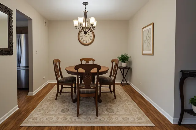 a view of a dining room with furniture and a rug
