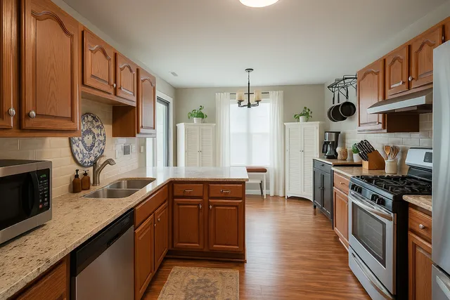 a kitchen with stainless steel appliances granite countertop a sink stove and refrigerator
