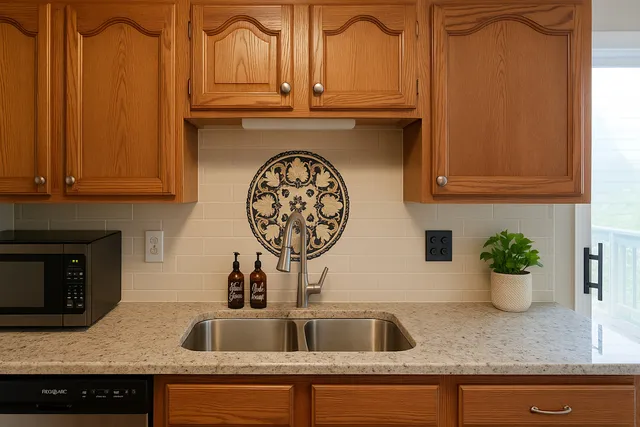 a kitchen with granite countertop a sink and cabinets