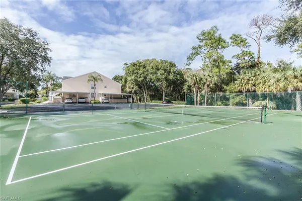 a view of a tennis ground with large trees