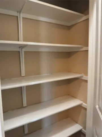 a view of a closet with wooden floor