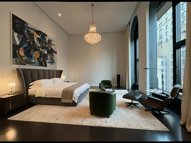 a bed room with a bed and a large mirror