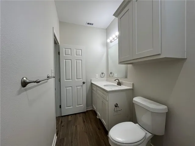 a bathroom with a sink a toilet and vanity