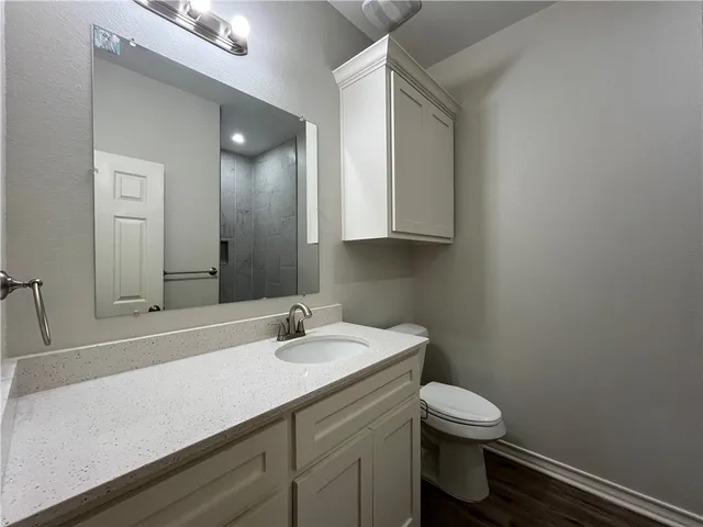 a bathroom with a sink a toilet and mirror