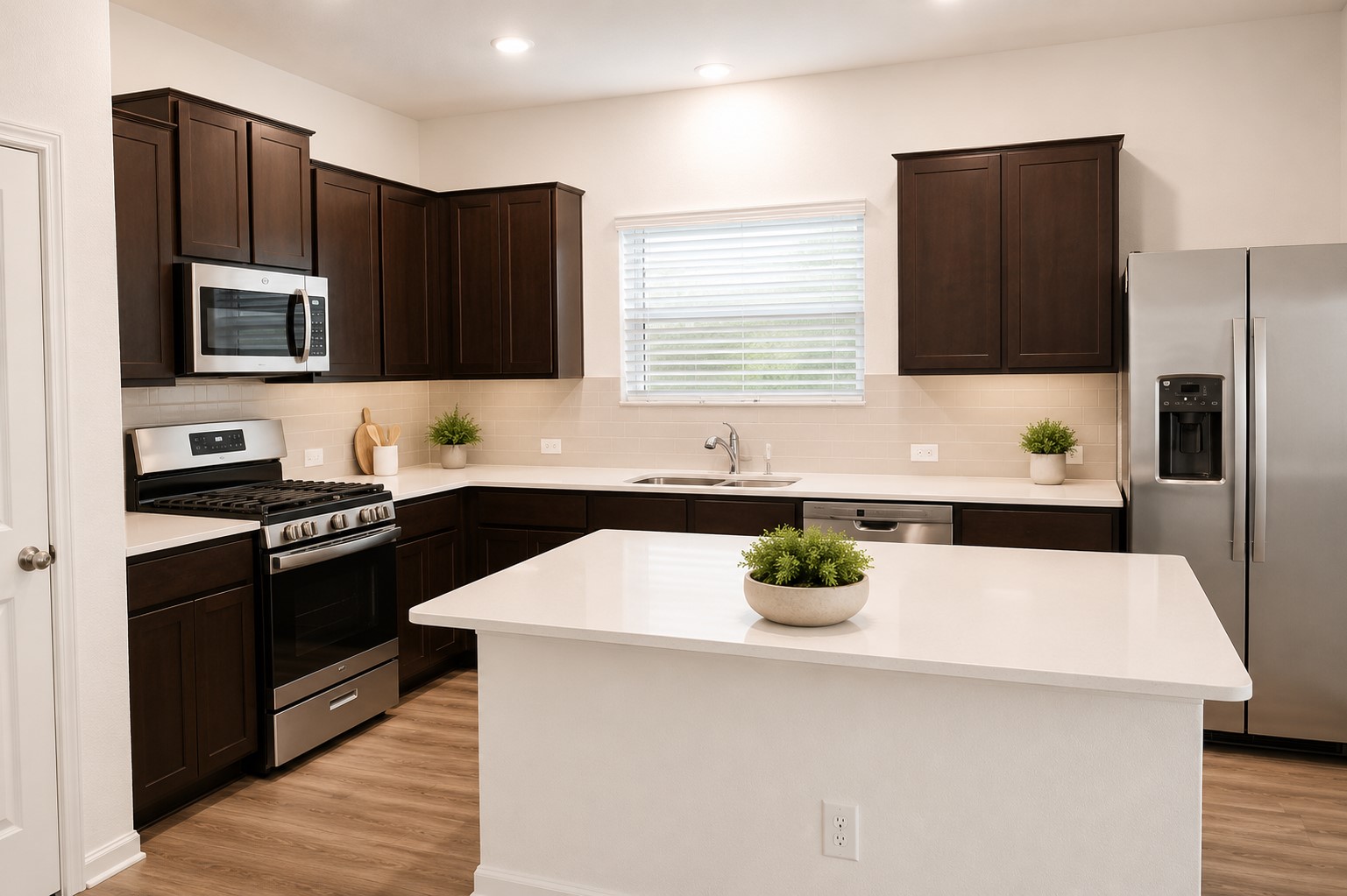 828 Mallow Road Leander, TX 78641 - Photo 5 of 14 A well-appointed kitchen showcases dark cabinetry complemented by light countertops and modern stainless steel appliances.