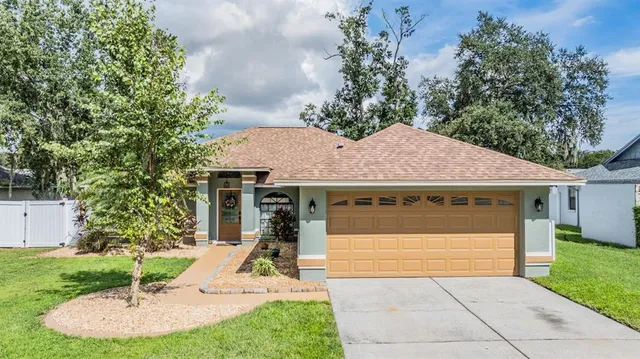 aerial view of a house with a yard and potted plants
