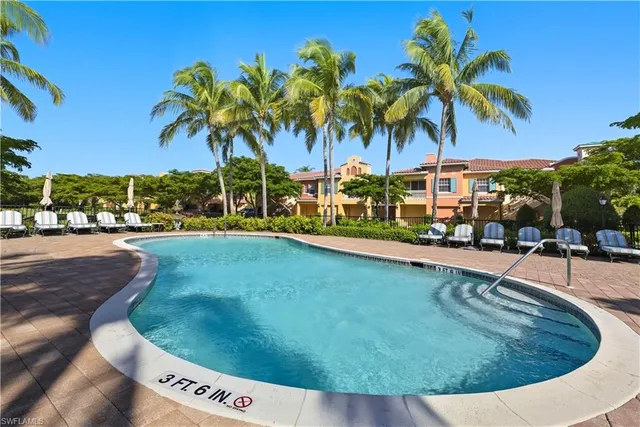 a view of a swimming pool with a lawn chairs under palm trees
