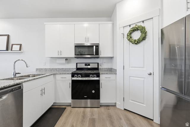 1247 West 1820th Street South Logan, UT 84321 - Photo 7 of 21 Kitchen featuring stainless steel appliances, white cabinetry, granite countertops and a pantry!