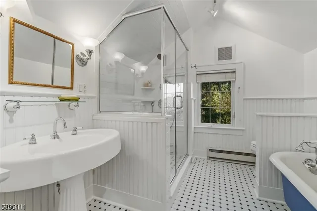 a bathroom with a sink a mirror and a shower