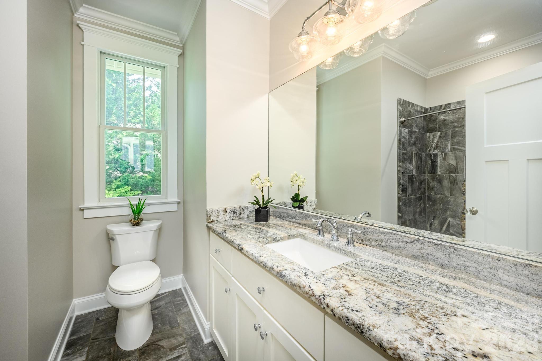 735 Emma Claire Lane Davidson, NC 28036 - Photo 29 of 48 a bathroom with a granite countertop sink toilet and a mirror