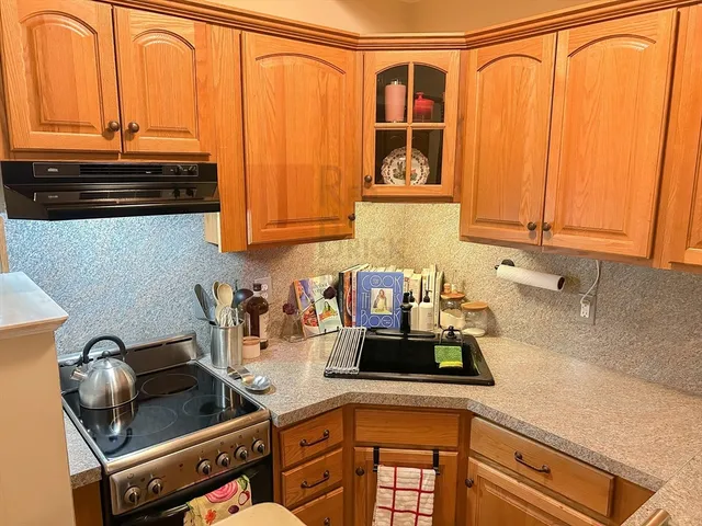 a kitchen with a sink a stove and cabinets