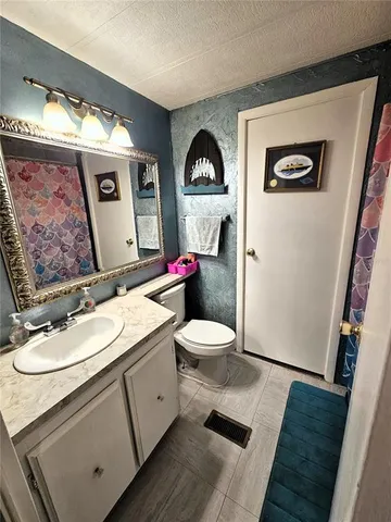 a bathroom with a sink mirror vanity and toilet