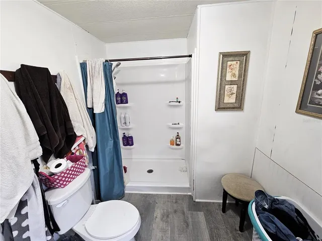 a bathroom with a toilet and a shower curtain