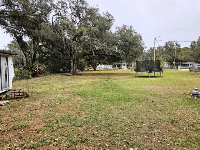 a view of a field with a trees in the background