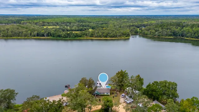 a view of a lake with a city