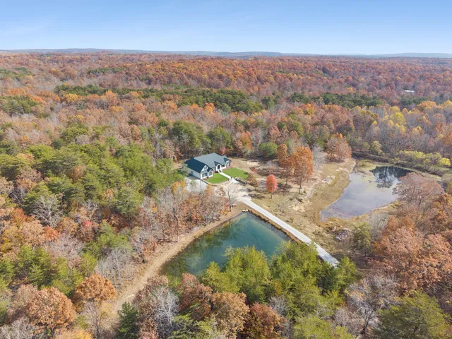 an aerial view of residential houses with outdoor space and trees