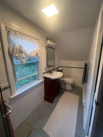 a bathroom with a sink toilet and mirror