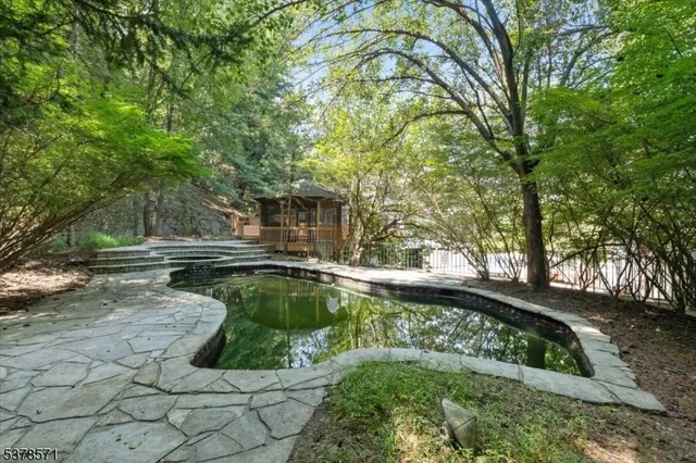 a backyard of a house with a swing and plants