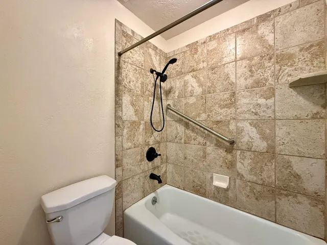 a bathroom with a toilet and a bathtub