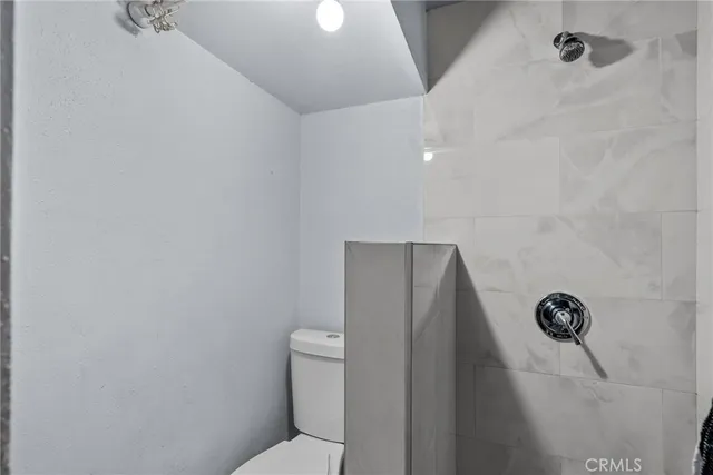 a bathroom with a toilet and a shower