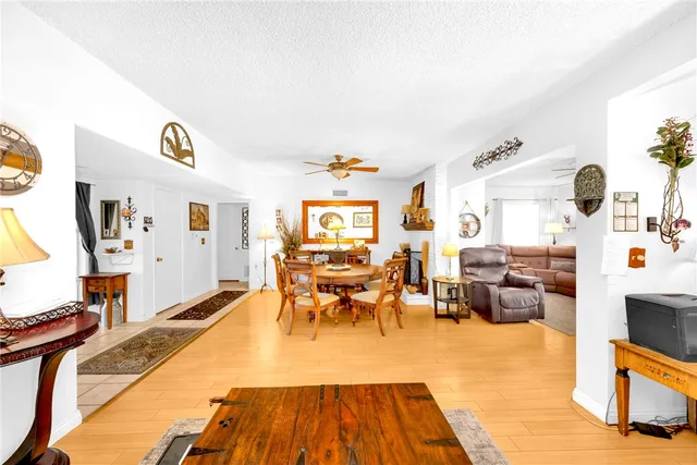 a living room with lots of furniture and kitchen view