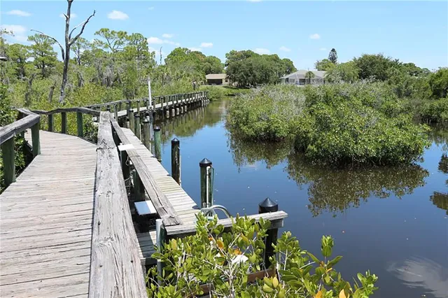 a view of a lake with a wooden bridge