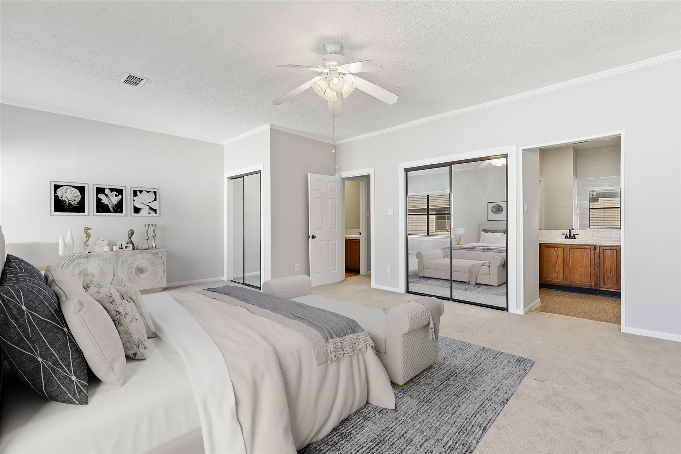 10819 Crown Colony Drive, Unit 11 Austin, TX 78747 - Photo 19 of 40 The primary bedroom feels like a true retreat, generous in size, quiet in tone, and designed to slow things down at the end of the day.
*virtually staged*