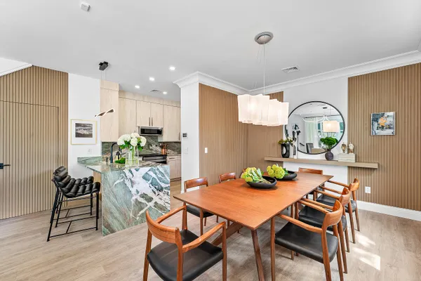 a view of a dining room with furniture