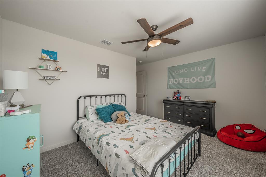 8125 White Sulphur Road Ponder, TX 76259 - Photo 31 of 38 Carpeted room featuring a ceiling fan with integrated lighting, white walls, and a white door with dark hardware