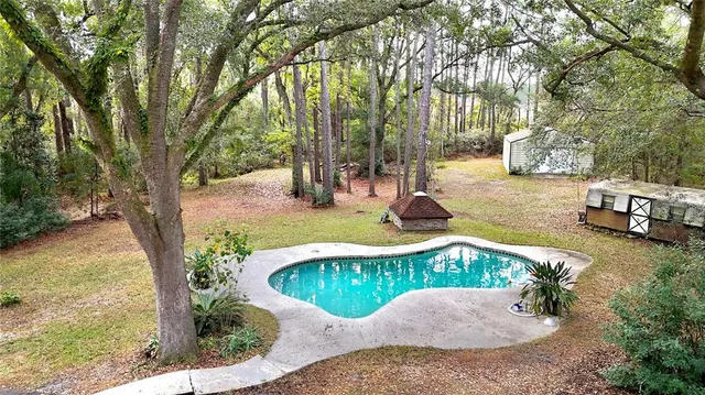 a view of a yard with trees