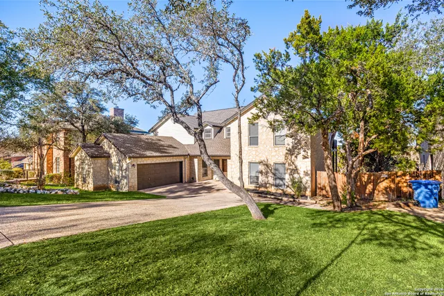 a view of a yard with table and chairs and a large tree