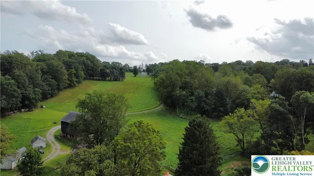 an aerial view of green landscape with trees houses and mountain view